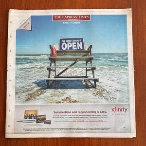 Beach Scene Print with Bench and 'OPEN' Sign - Blue, Tan, White